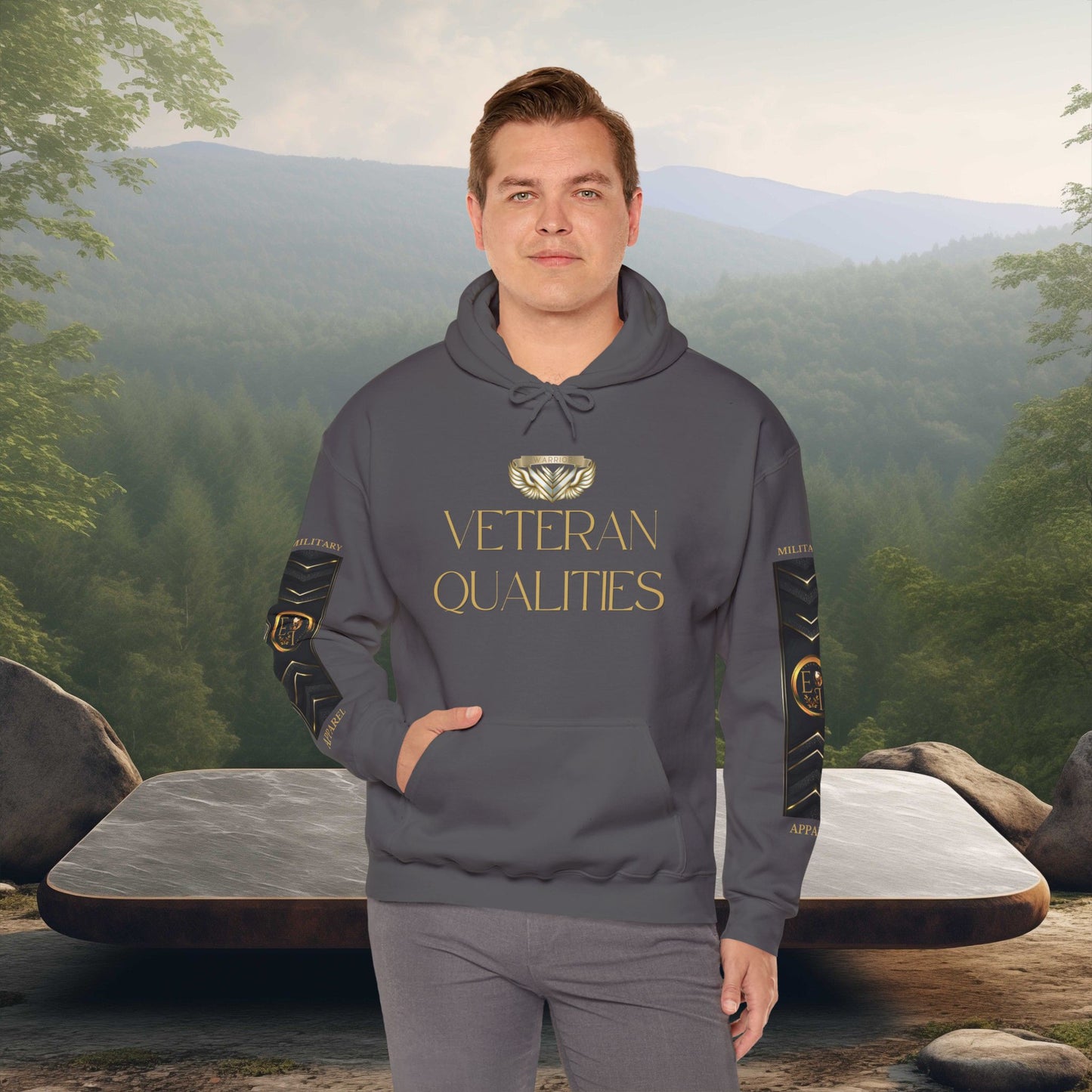 Veteran Qualities Warrior Two | Charcoal Hoodie | Military & Service Tribute