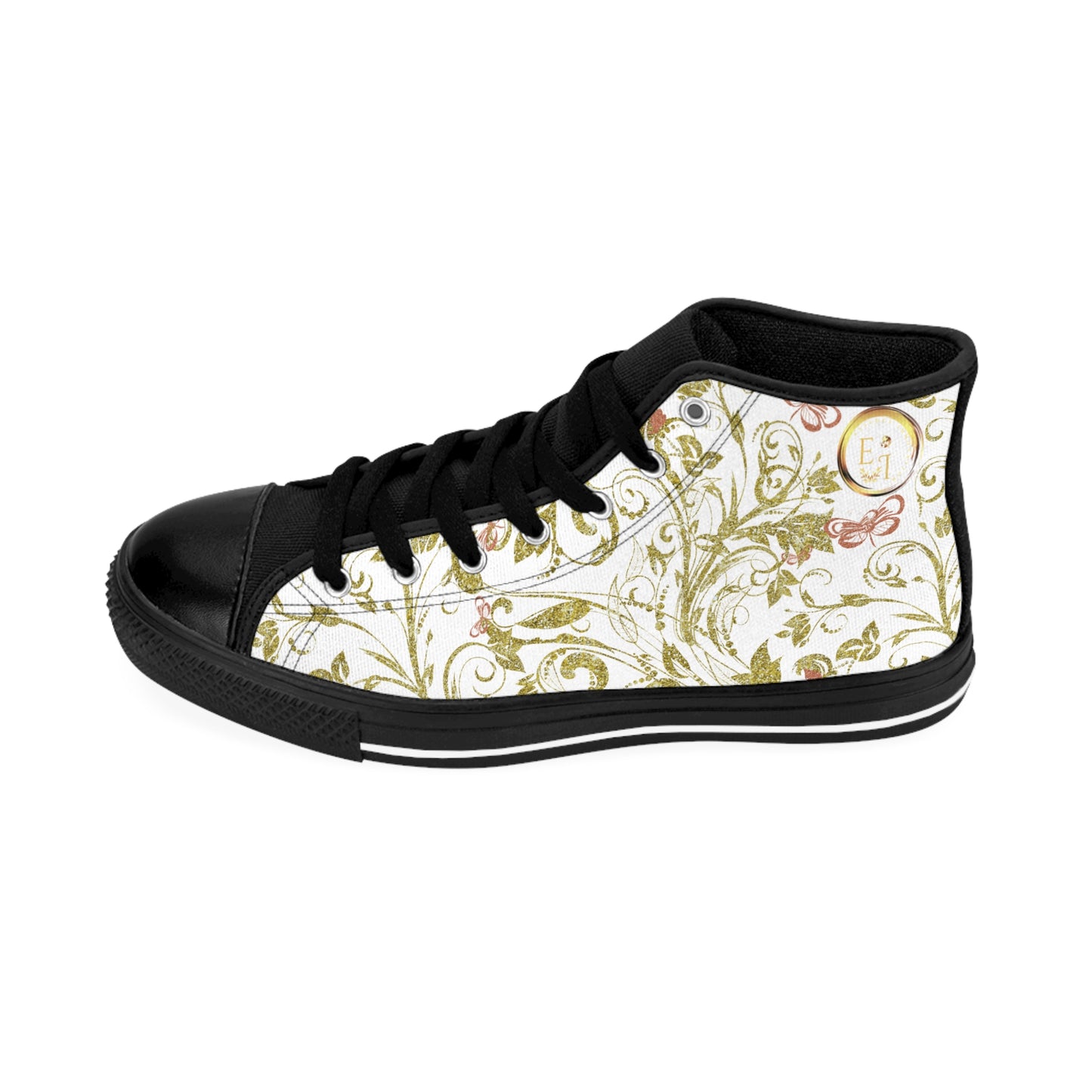 Bohemian Butterfly | White | Black Sole HighTop Sneakers