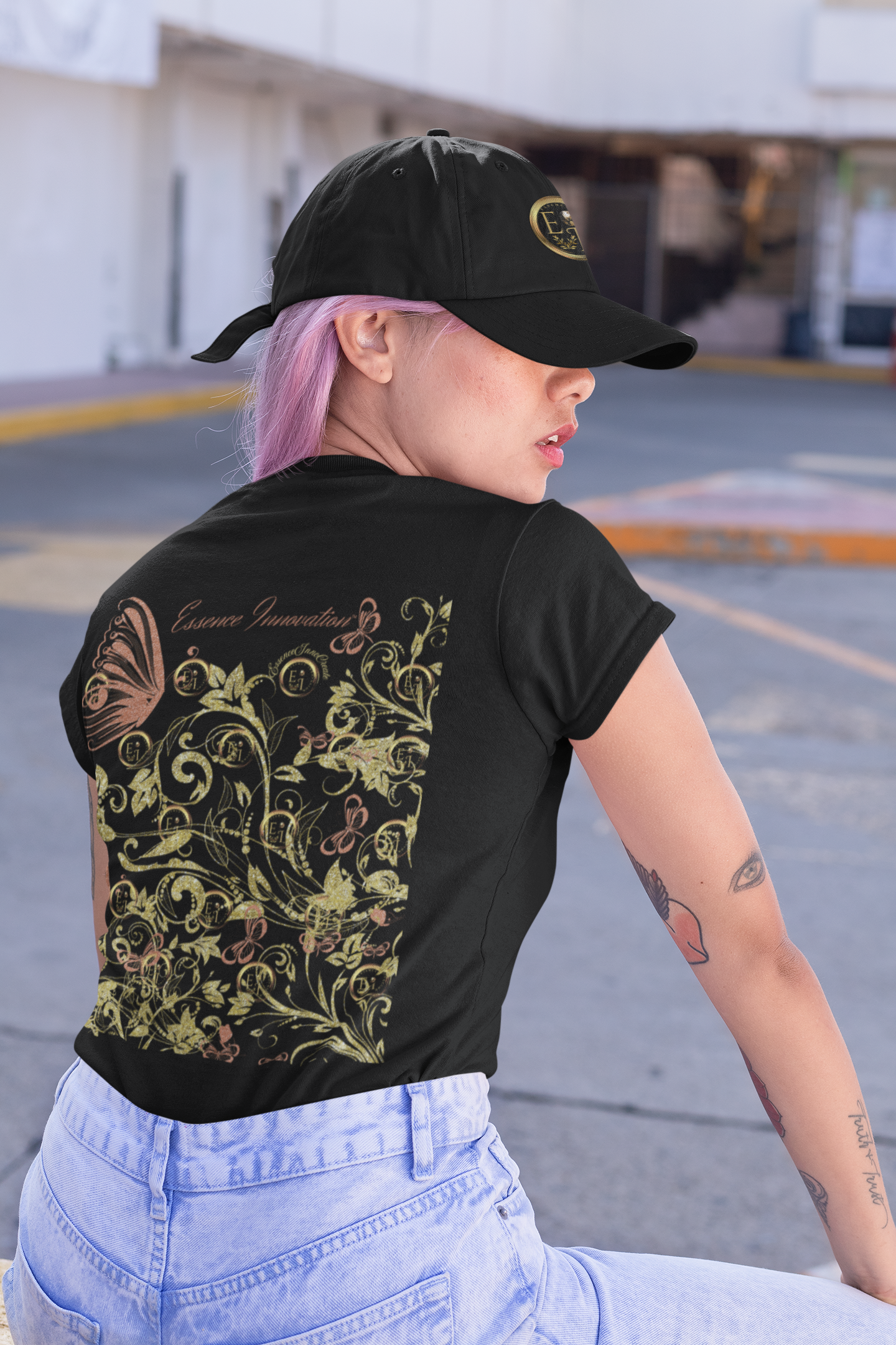 Floral Butterfly T-Shirt in Black | Nature-Inspired Boho Tee | Elegant Botanical Shirt for Women | EssenceInnoCreate